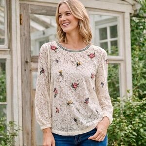 LOFT Floral Embroidered Lace Long Sleeve Blouse‎ Ivory Size XXS